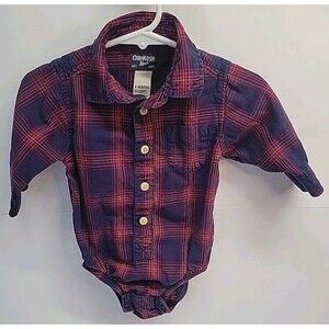 OSH KOSH B'GOSH Boys SIZE 6 Mos Plaid Shirt One Piece Collar Button Blue Red